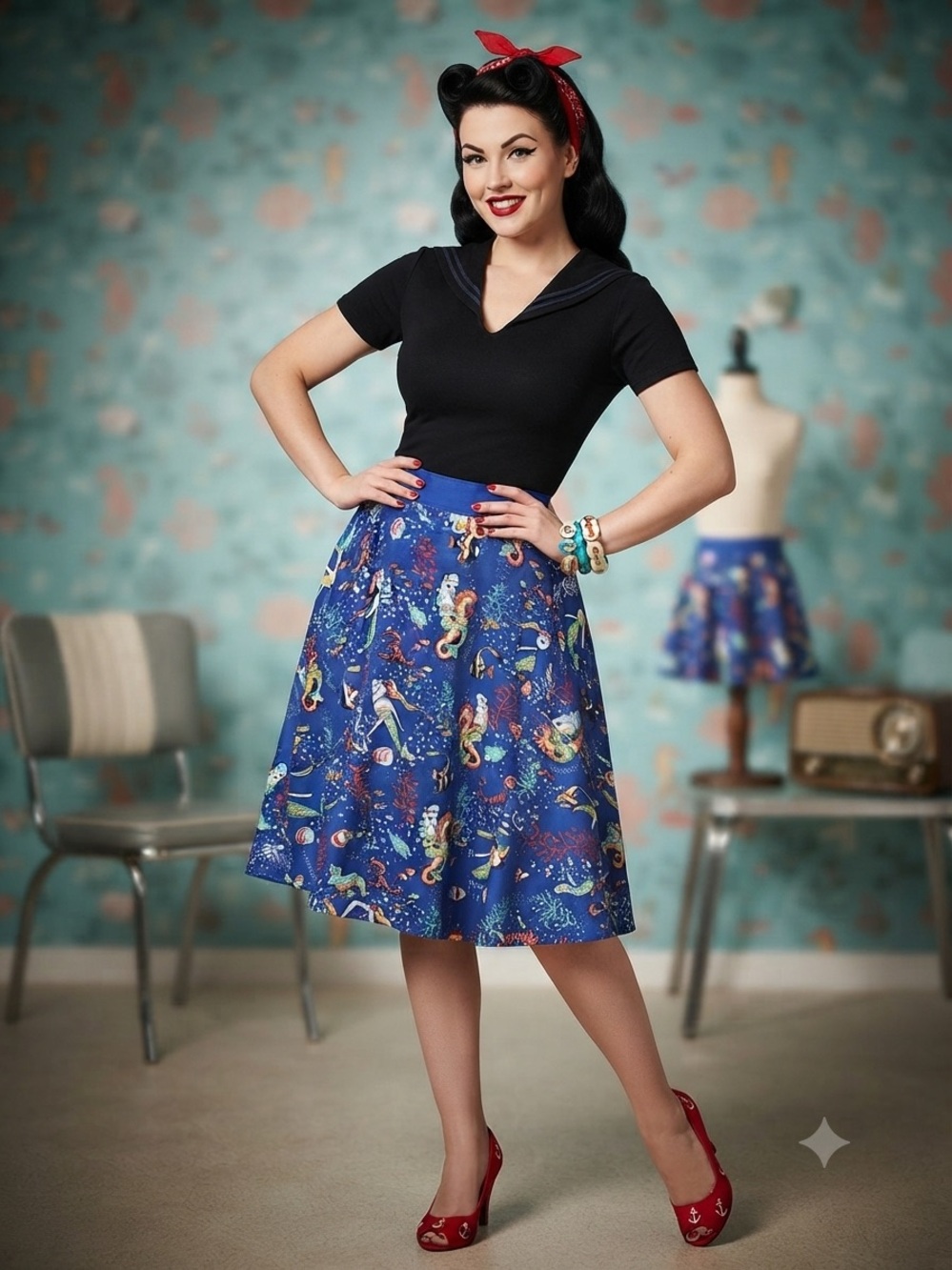Retro Blue Mermaid-Print Circle Skirt ITEM #30